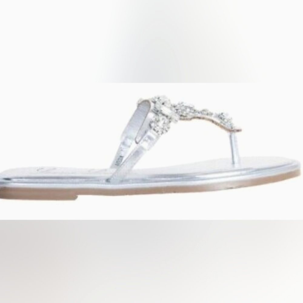New Lauren Lorraine Antigua Silver Crystal Embellished Slides Flats Flip Flops 6